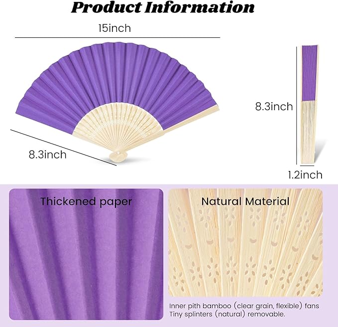 JOHOUSE 12 Packs Foldable Hand Fans, 8.3 Inch Purple Paper Fans Handheld for Purple Birthday Decorations, Wedding, Outdoor Party Favors, Baby Shower DIY Photography Props