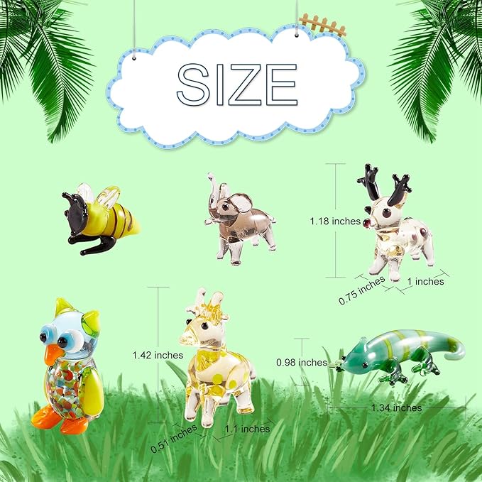 6Pcs Hand Blown Glass Figurines Includes Christmas Reindeer,Birds,Giraffes,Bees,Chameleon,Elephant Glass Figurines for Collectibles, Home Decoration,Gifts