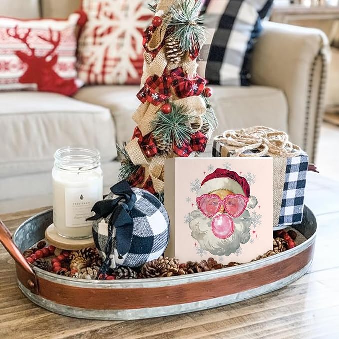 Mtrgdn Pink Retro Santa Christmas Wooden Box Signs,Pink Christmas Sign,Santa Clause Christmas Decor,Christmas Table Decor,Xmas Decor Christmas Birthday Gifts for Women 5x5