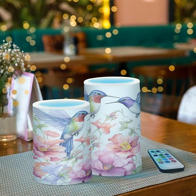 ALAZA Spring Hummingbird Flowers Flickering Flameless Candles Battery Operated with Remote Timer,Tea Light Candles LED Pillar Votive Candles Set of 2 for Outdoor Indoor Decorations
