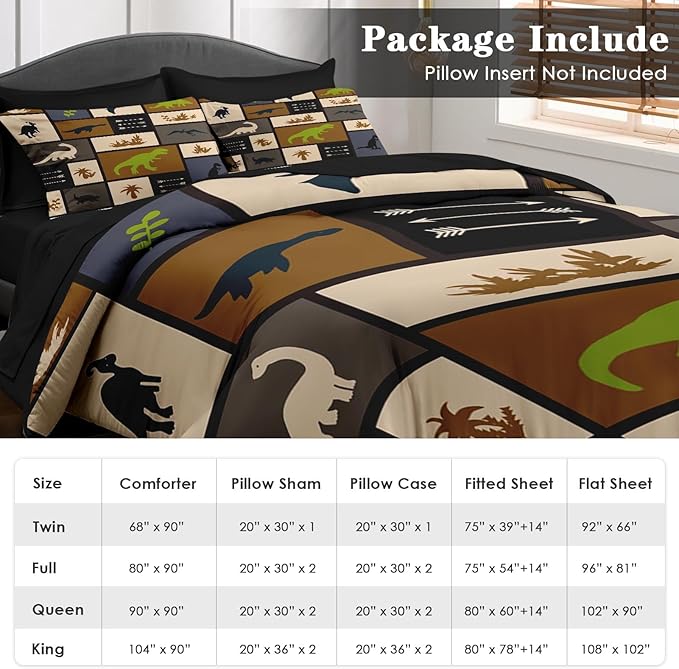 Comforter Set King Size, Dino Tree Animal 7 Pcs Bedding for Kids and Adults, Cute Dinosaur Dragon Bed Sheet Sets with Fitted Sheet 2 Pillowcases & 2 Shams for Bedroom Bed Decor