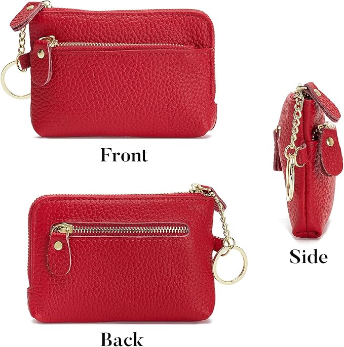 Genuine Leather Coin Purse for Women with Large Opening & Wrist Strap Navy (Red)