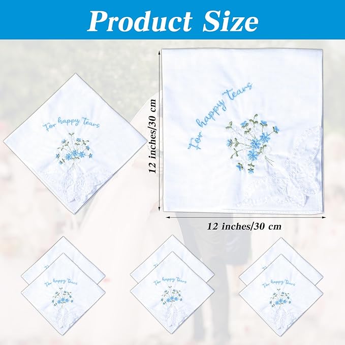 For Happy Tears Handkerchief, 6 Pcs Embroidered Wedding Handkerchief Cotton Hankies for Bride, Groom, Bridesmaid, Mother of the Bride, White & Blue, 12" x 12"