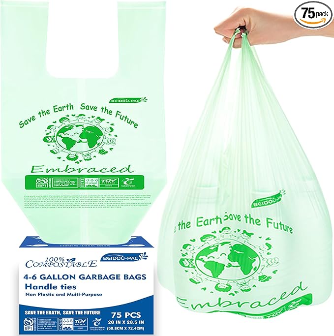 BEIDOU-PAC 4-6 Gallon Compostable Trash Bags, 75 Count, Kitchen Compost Bags With Handle, Sturdy Biodegradable Garbage for Food Scrap Waste, ASTM D6400, US BPI Certified
