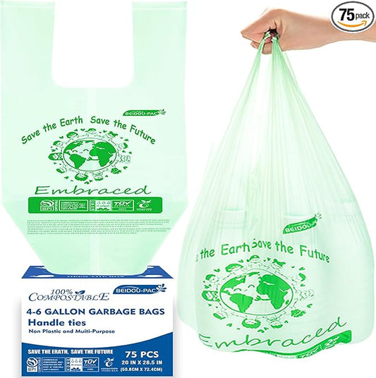 BEIDOU-PAC 4-6 Gallon Compostable Trash Bags, 75 Count, Kitchen Compost Bags With Handle, Sturdy Biodegradable Garbage for Food Scrap Waste, ASTM D6400, US BPI Certified