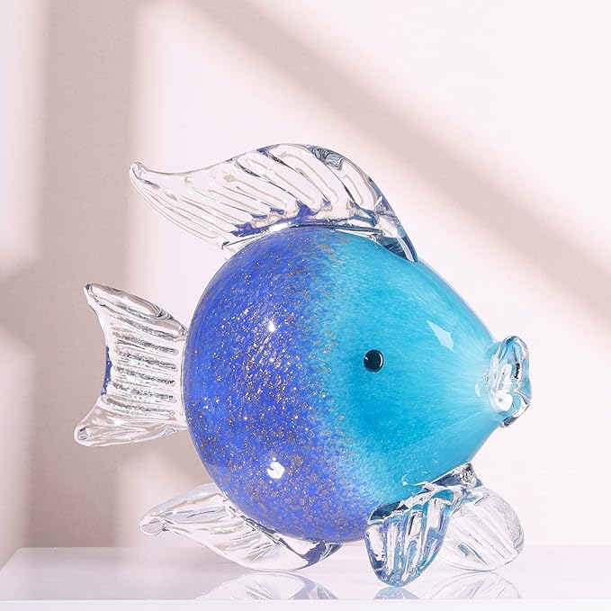 Large Glass Fish Figurines Hand Blown Glass Fish Statue and Sculpture Home Decor, Murano Animal Tropical Sea Glass Paperweights for Desk, Glass Aquarium Coastal Beach Decorative (Dark Blue)