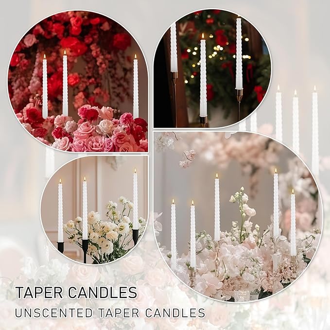 10 Inch White Spiral Taper Candle Set of 12 Pack Unscented Dripless Candlesticks for Valentine's Day,Dinner,Party,Brithday,Wedding,Christmas,and Home Decoration