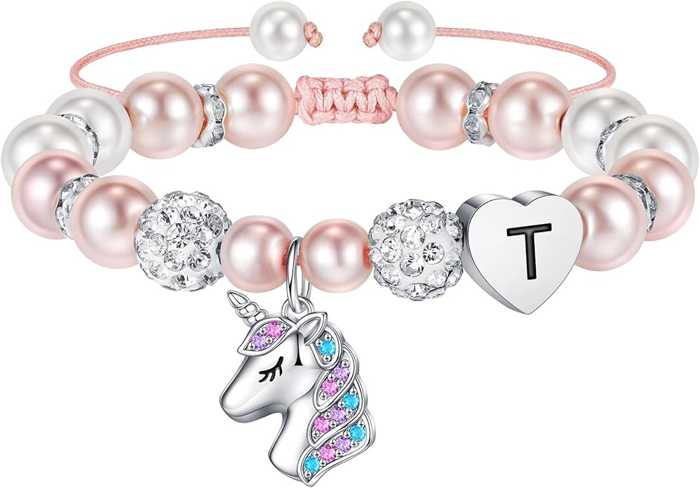 Hidepoo Valentines Gifts for Kids Girls - Unicorn Bracelets for Girls Kids, CZ Initial Unicorns Bracelet Adjustable Heart Initial Unicorn Bracelets Jewelry Birthday Gifts for Girl