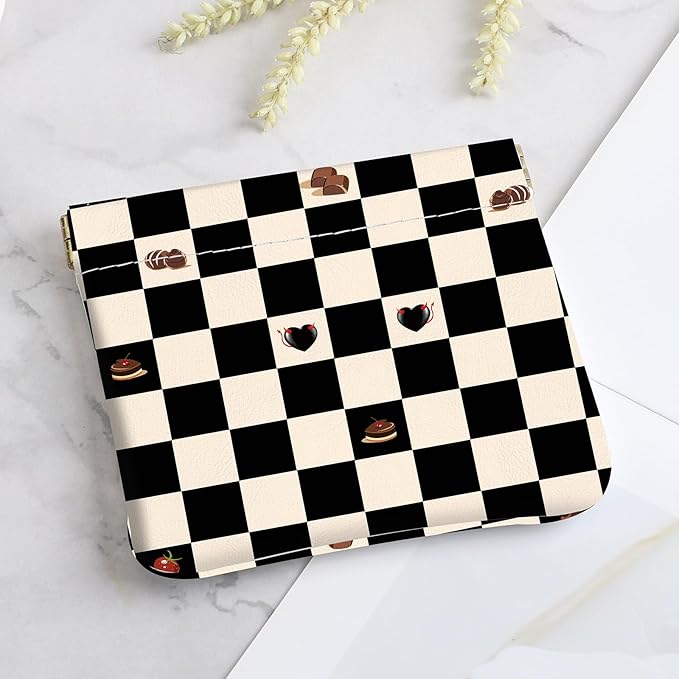 2Pcs PU Leather Small Squeeze Coin Purse Pouch Mini coin Bag Unique And Cute Wallet Cosmetic Bags Change Bag For Women Girls Men （Black and pink checkered1