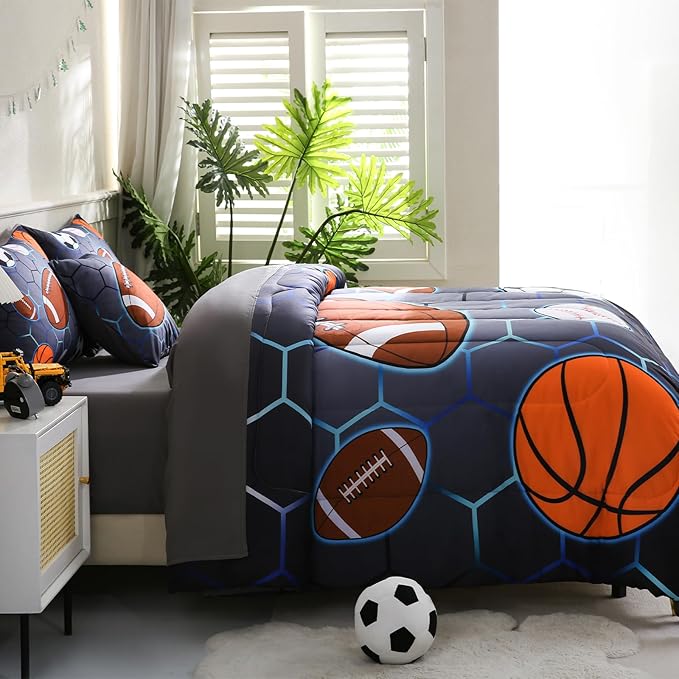 6 Pcs Bed in A Bag Twin Size Comforter Sets for Boys,Sports Bedding Sets,Baseball Soccer Basketball Football Comforter Sets with Sheets for Kids Teens