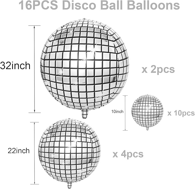 16PCS Disco Ball Balloons, 32in 22in 10in Large 4D Metallic Silver Disco Balloons Foil Balloon for 70s 80s 90s Discos Party Birthday New Year Graduation Party Decorations