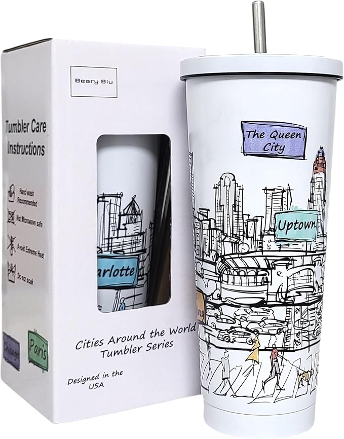 Cities Around the World 25 Oz Tumbler Series - Designed in the USA - Vacuum Insulated Tumbler with Lids & Straw - Stainless Steel Coffee Water Travel Mug, Cup for Hot Cold Drink (Charlotte)