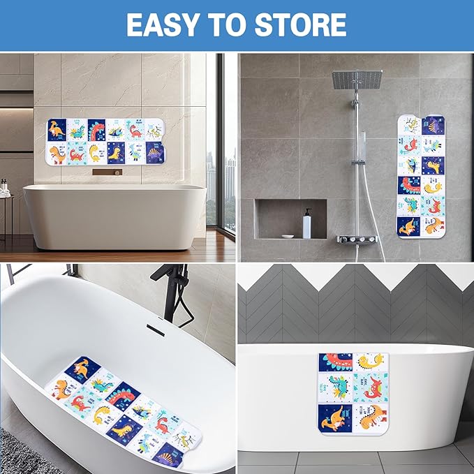 Kids Bath Mat with Ocean Theme Design, 40x16 inches, Non-Slip with 200 Suction Cups, Cartoon Sea Animals Pattern (Dinosaur, 40 * 16in)