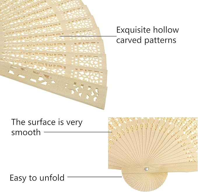 Wobe 60 Pack Sandalwood Fans Wedding Favors, Hand Held Folding Fans Wooden Openwork Personal Handheld Folding Fans for Wedding Party, Home Decorations Birthday Gift