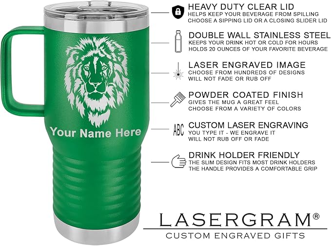 LaserGram 20oz Vacuum Insulated Travel Mug with Handle, Bronco Rider, Personalized Engraving Included (Green)