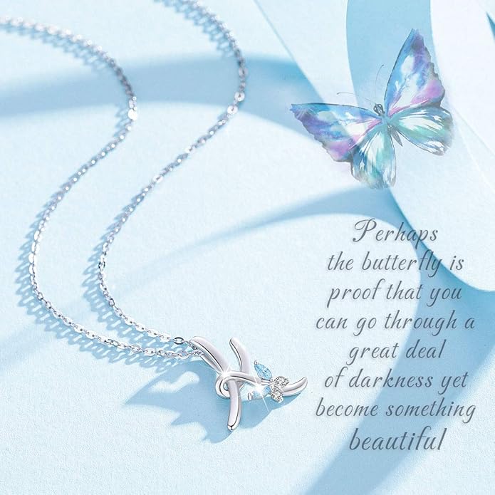 EUDORA Sterling Silver Butterfly Initial Necklaces for Women, Elegant Letter Neckles Personalized Gift for Mother, Sister, Daughter, 18 inch Chai