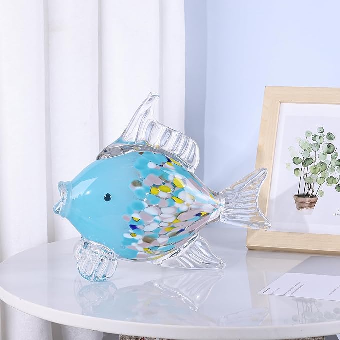Large Glass Fish Figurine for Home Decor, Hand Blown Art Glass Ocean Animal Statue, Decorative Coastal and Beach Themed Sculpture for Table, Shelf, Bathroom, Living Room or Office