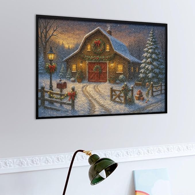 Christmas Snowy Night,Winter Red House 1000-Piece Wooden Jigsaw Puzzle, Festive Winter Puzzle, Snowy Red House Scene, Indoor Relaxation, Family Fun, Stress-Relief Activity