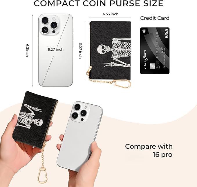 Funny Skull Skeleton Keychain Coin Purse for Women, Small PU Leather Change Pouch, Zipper Little Tiny Travel Wallet for Girls, Cute Kawaii Zip Pocket Coin Holder with Key Ring