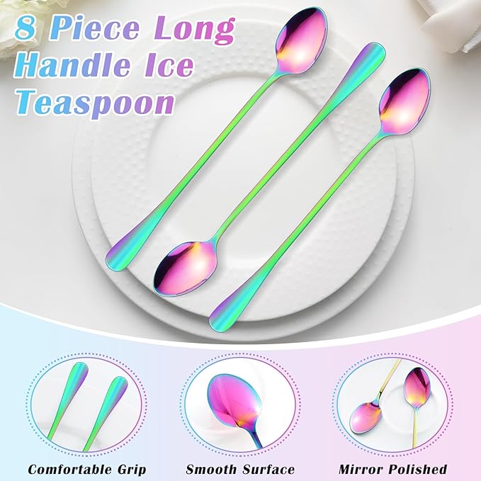 8 Pcs Long Handle Spoons,Satainless Steel Tea Spoons,Ice Cream Spoon,Long Coffee Spoon for Mixing Cocktail Stirring Tea Cold Drink Milkshake Dessert (Colorful)