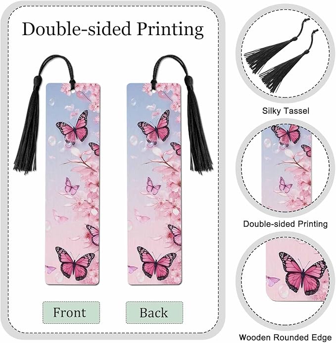Cherry Blossoms Bookmarks 5 Pcs with Tassels Pink Butterflies Wooden Bookmarks for Reading Women Students Teacher Reader