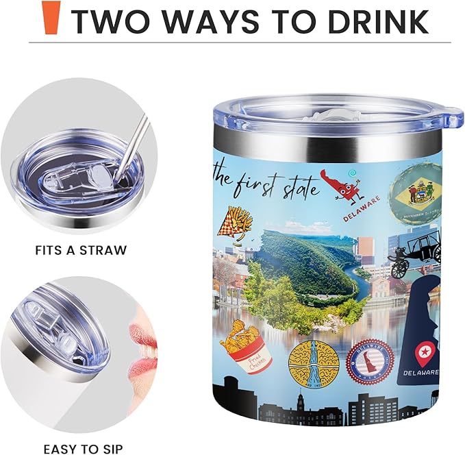 12oz Coffee Mug Delaware State Insulated Coffee Cups, United States Map Travel Mug Landmark, Birthday Gifts Cute Mugs with Lid and Straw Mothers Day Gifts