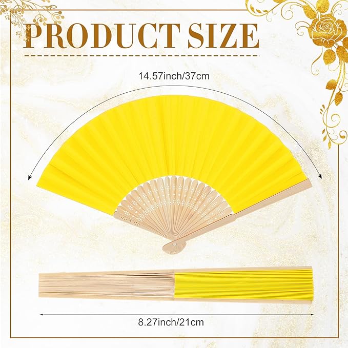 Yinkin 24 Pack Folding Fans Bamboo Handheld Folded Craft Hand Japanese Chinese Fans for Weddings Bridal Dancing Church DIY Decoration Women Gift Party Favors (Lemon Yellow)