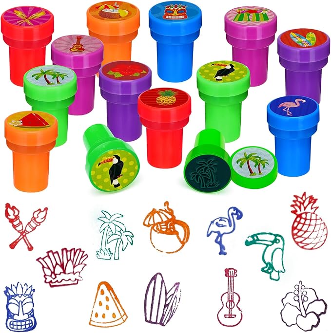 Cinrobiye 24 Pcs Hawaiian Luau Stampers for Boys Girls, Tropical Moana Flamingo Birthday Party Supplies Favors, Classroom Rewards, Carnival Prizes, Goody Bag Pinata Fillers for Summer Aloha Tiki Party