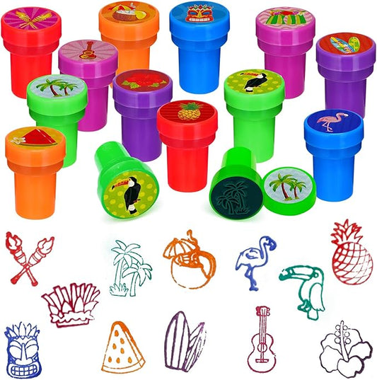 Cinrobiye 24 Pcs Hawaiian Luau Stampers for Boys Girls, Tropical Moana Flamingo Birthday Party Supplies Favors, Classroom Rewards, Carnival Prizes, Goody Bag Pinata Fillers for Summer Aloha Tiki Party