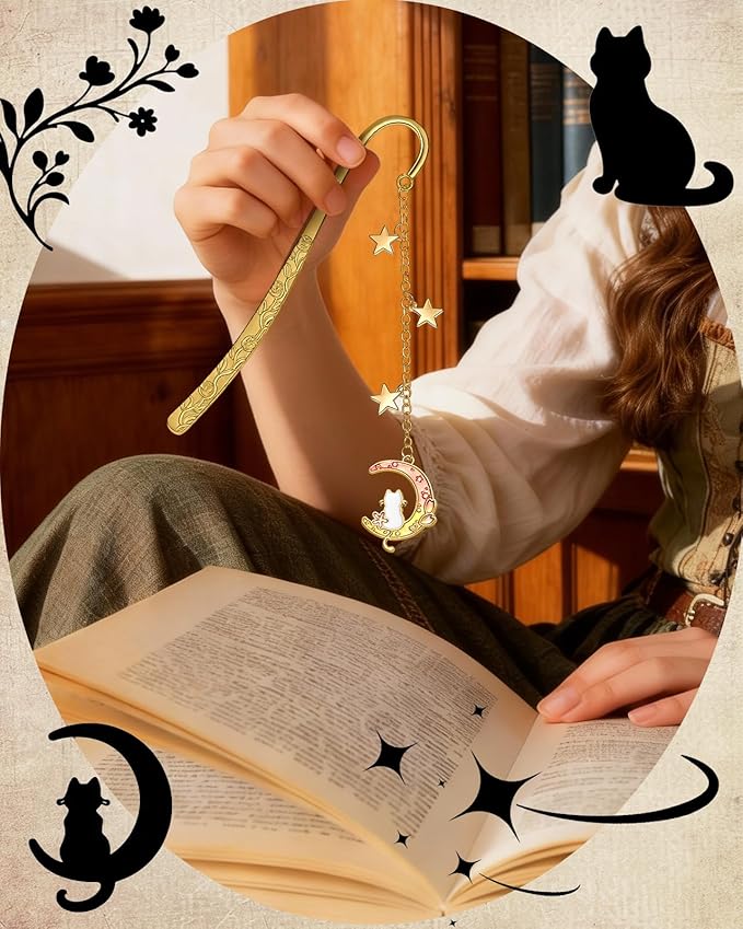 Buleens Bookmarks for Women Reading - Book Marks for Readers Book Lovers, Cute Gold Feather Cat Moon Star Personalized Metal Bookmark with Pendants, Pretty and Aesthetic Book Accessories Reading Gifts