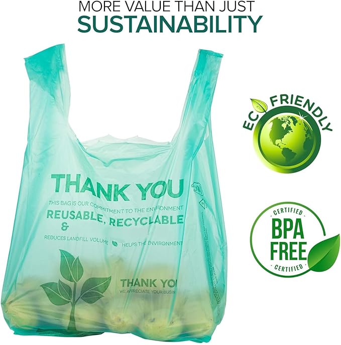 Stock Your Home Eco Grocery Bags Disposable T-Shirt Thank You Bag with Handles for Supermarket, Groceries, Produce, Shopping