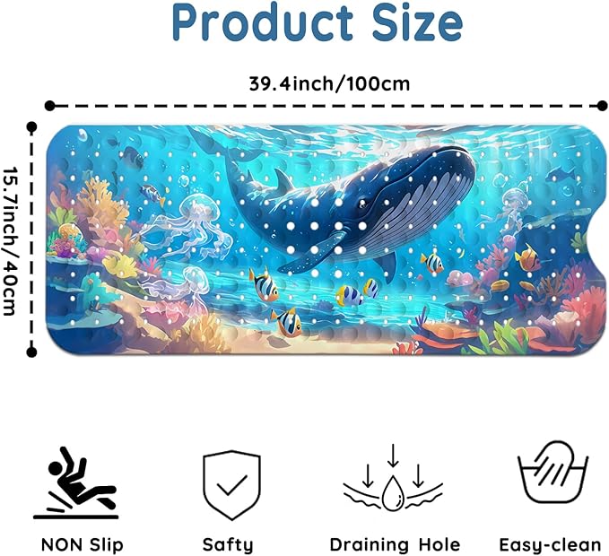 LNOND Bath Mat for Tub for Kids, Ocean Bathtub mat Non Slip,Blue Whales Bath Mats for Bathroom Non Slip with Drain Holes and Suction Cups,Machine Washable (40 X 16 Inch)