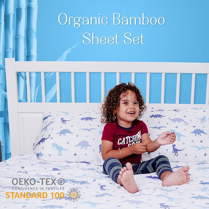 Kids Organic Viscose Derived from Bamboo Sheet Set | Twin or Full Size Fitted Bed Sheets | Oeko-Tex Certified | Cute Toddler Bedding for Girls & Boys Dino Full