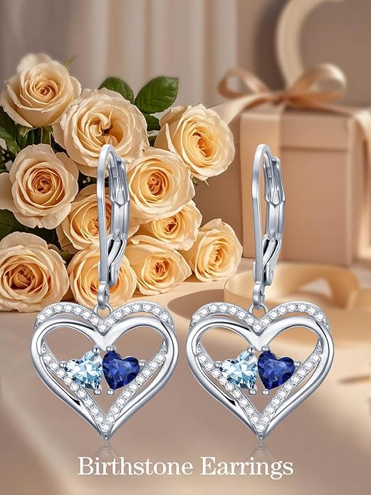 Heart Leverback Earrings Double Birthstone Dangle Earrings for Women, Love Jewelry for Her, Christmas Gifts for Women, Anniversary Birthday Gift for Mom Wife Girlfriend