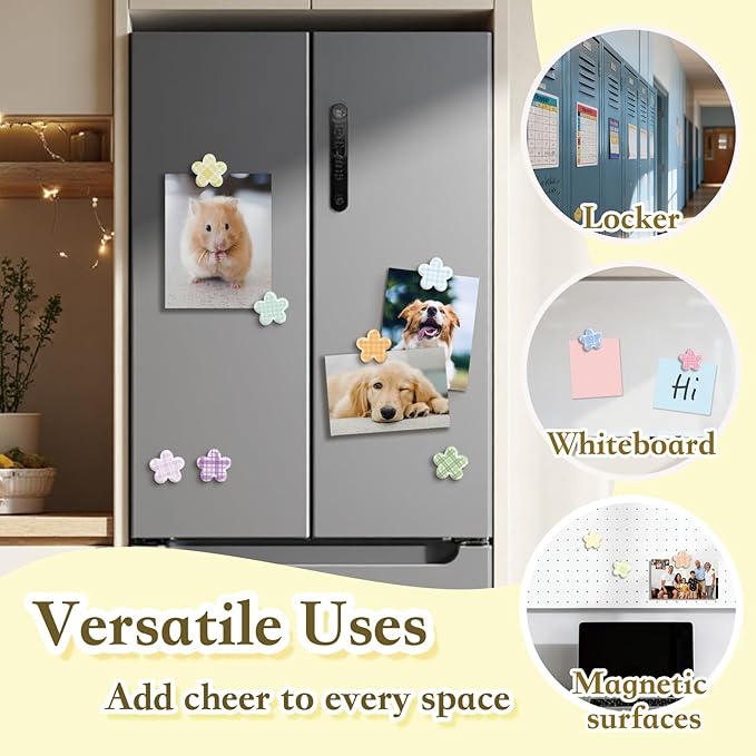 16 Pcs Floral Gingham Fridge Magnets, Strong Magnetic Cute Small Decorative Designs for Office, Kitchen, Home, School, Locker, Cabinet, Whiteboard & Gift, Flowers Magnet