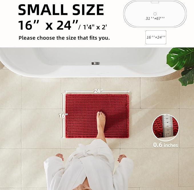 Waffle Bath Mat, Boho Bathroom Rugs Non Slip Washable Super Absorbent Quick Dry Bath Mat Farmhouse Bathroom Decor, 24"x16" Burgundy