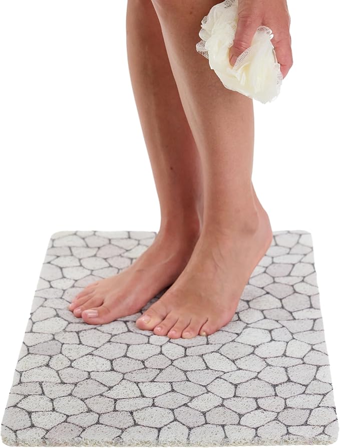 ENKOSI Loofah Non-Slip Shower and Bath Mat - Soft Cushioned Comfort - No Suction Cups for Smooth or Textured Tubs - Fast Draining - Safety for Bathroom, Family, Kids, and Elderly (24x16 Pebble)