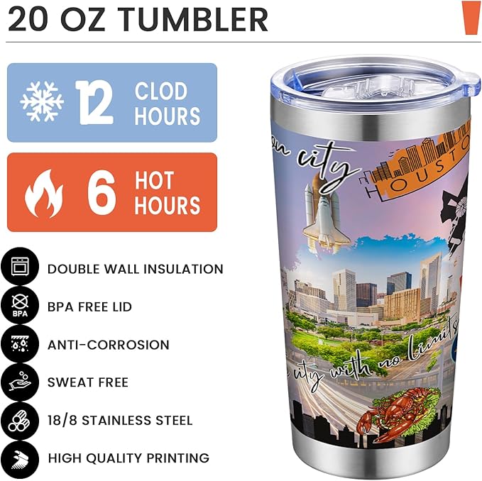 20oz Insulated Tumbler Huston City State Coffee Mug, United States Map Travel Mug Landmark, Birthday Gifts Cute Custom Tumbler Cups with Lid and Straw Gifts for Mom