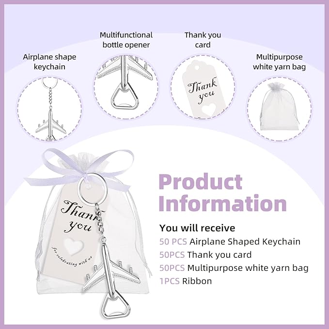 50PCS Airplane Bottle Opener Keychains for Wedding or Bridal Shower Favors, Gifts, Souvenirs to Guests (Silver)