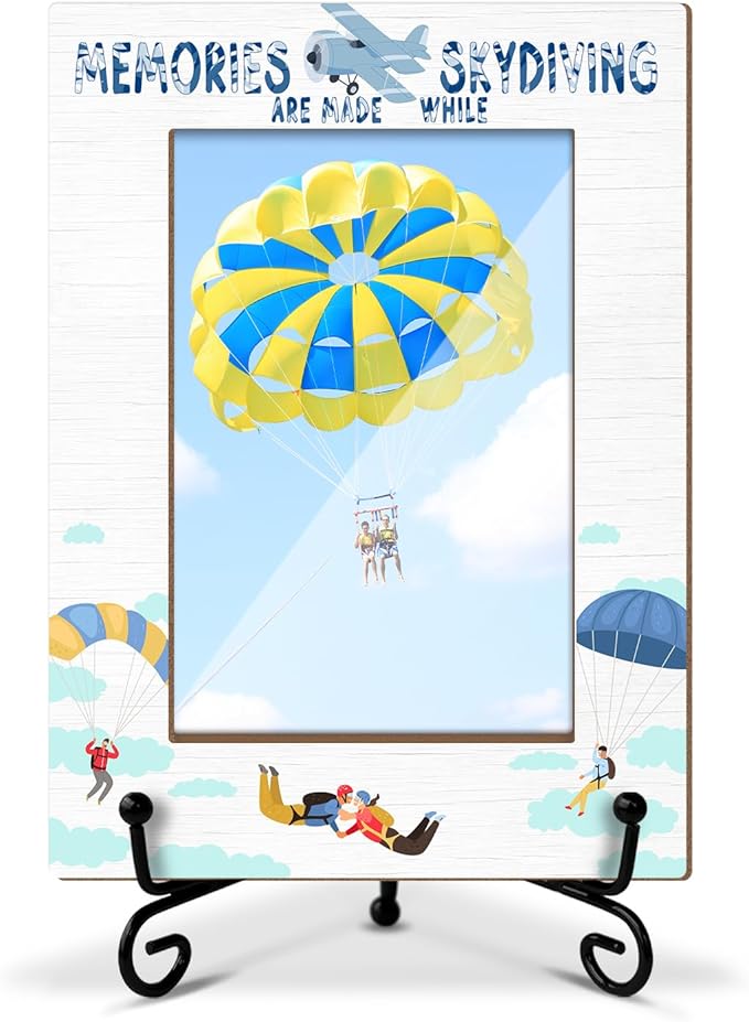 Skydiving Themed Photo Frame, Vacation Souvenir Gift for Sky-High-Thrill Seeker, Keepsake for Skydivers, 4x6 Wooden Picture Frame with Iron Stand for Tabletop Desktop Display, Home Table Decor -044