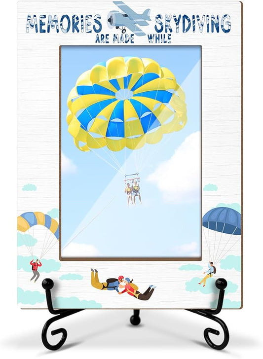 Skydiving Themed Photo Frame, Vacation Souvenir Gift for Sky-High-Thrill Seeker, Keepsake for Skydivers, 4x6 Wooden Picture Frame with Iron Stand for Tabletop Desktop Display, Home Table Decor -044