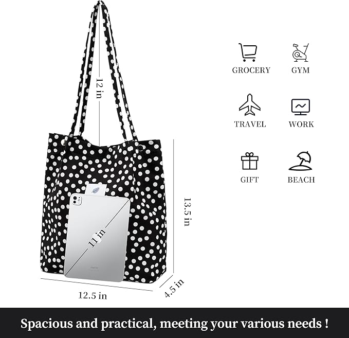 Corduroy Tote Bag Cute Tote Bags for Women Shoulder Bag with Inner Pocket for Work Beach Travel and Shopping Grocery