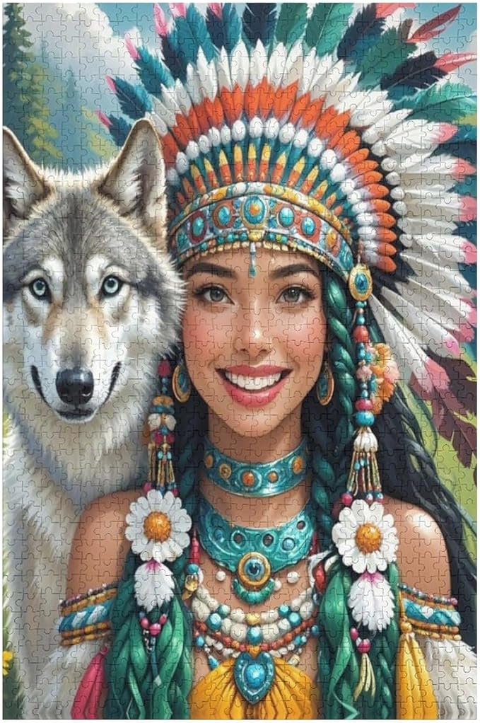 Wooden Puzzle - Indian Beauty & Wolf，Native American Jigsaw Puzzles，Wooden Puzzles for Adults 1000 Pieces Unique Gifts for Wall Art，Challenge Puzzles，Educational Games，Family Puzzles