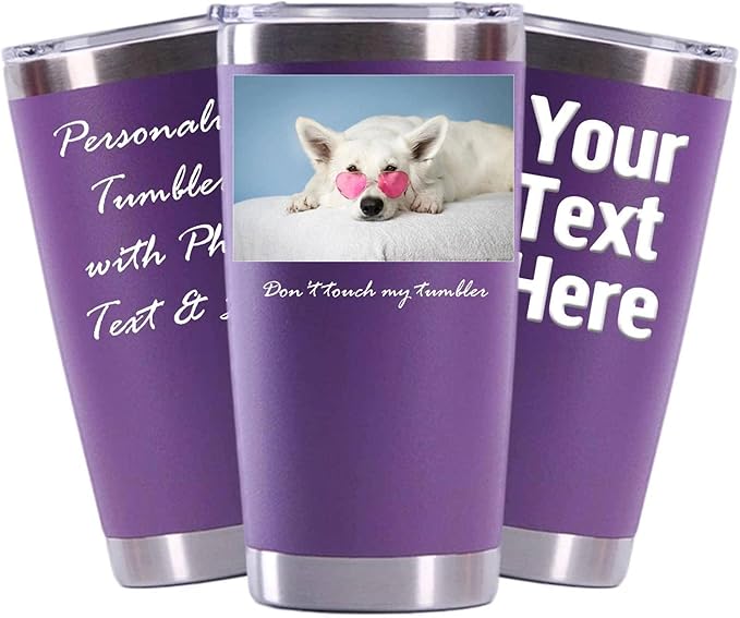 Personalized Photo 20oz 30oz Stainless Steel Tumbler,Custom Coffee Tumbler Cup With Lid And Strawstraw Vacuum Insulated With Text Photo Logo (Purple(20oz/30oz))