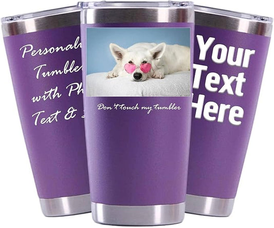 Personalized Photo 20oz 30oz Stainless Steel Tumbler,Custom Coffee Tumbler Cup With Lid And Strawstraw Vacuum Insulated With Text Photo Logo (Purple(20oz/30oz))