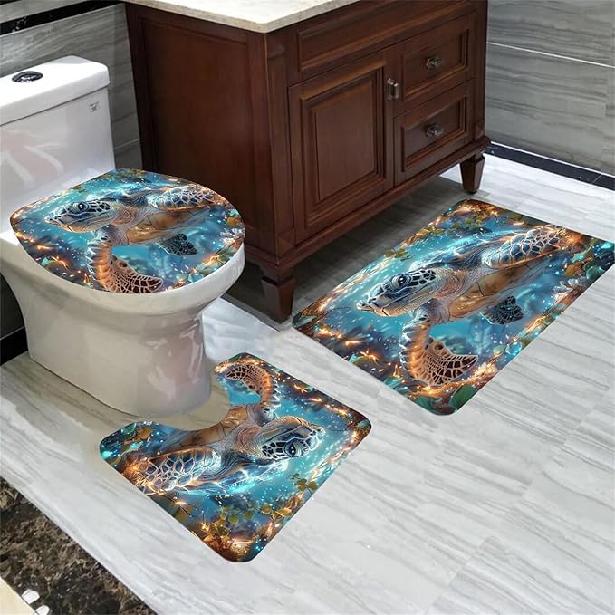 4 Pcs Turtle Shower Curtain - Under The Sea Shower Curtain Set Ocean Bathroom Sets with Shower Curtain and Rugs with 12 Hooks