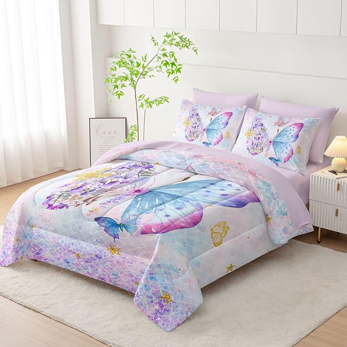7Pcs Cartoon Butterfly Comforter Set Watercolor Printed Bedding Set with 1 Comforter, 1 Flat Sheet, 1 Fitted Sheet and 4 Pillowcases for Bedroom All Season(Butterfly-3 Queen)