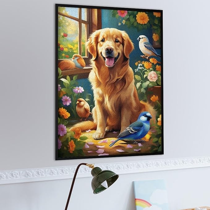 Wooden Puzzle - Garden Golden Retriever Jigsaw Puzzles，Wooden Puzzles for Adults 1000 Pieces Challenge Puzzles，Educational Games，Family Puzzles，Unique Gifts for Wall Art