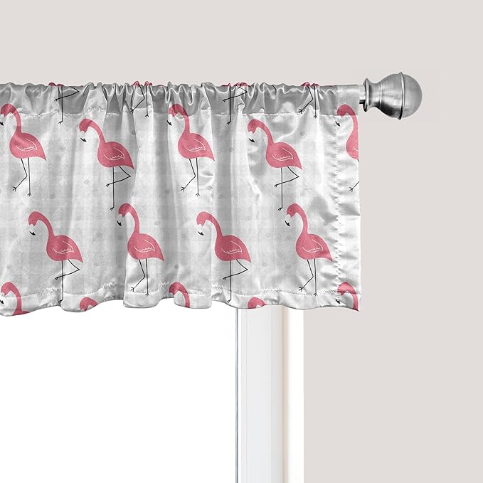 Ambesonne Pink Flamingo Window Valance, Cartoon Birds on Pastel Colored Checkered Background Wild Nature, Curtain Valance for Kitchen Bedroom Decor with Rod Pocket, 42" x 12", Pale Grey Coral Black