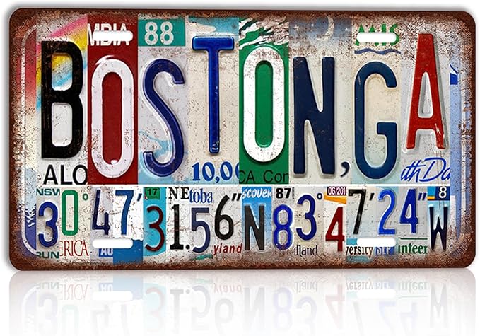 Vintage City License Plate Boston,GA Wall Decor Metal Tin Sign for Bar Home Bedroom 12 x 6 Inches （Including latitude and longitude）